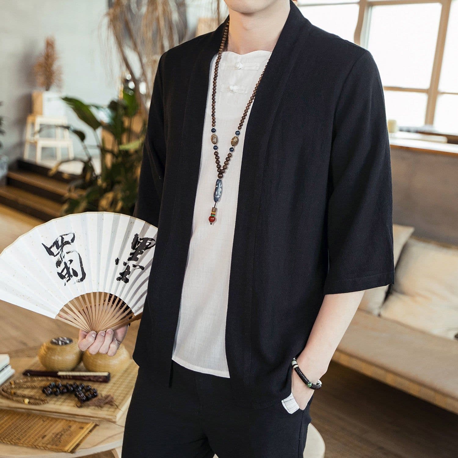 image-Men's Chinese Style Cotton Linen Stand Collar Cardigan Shirt