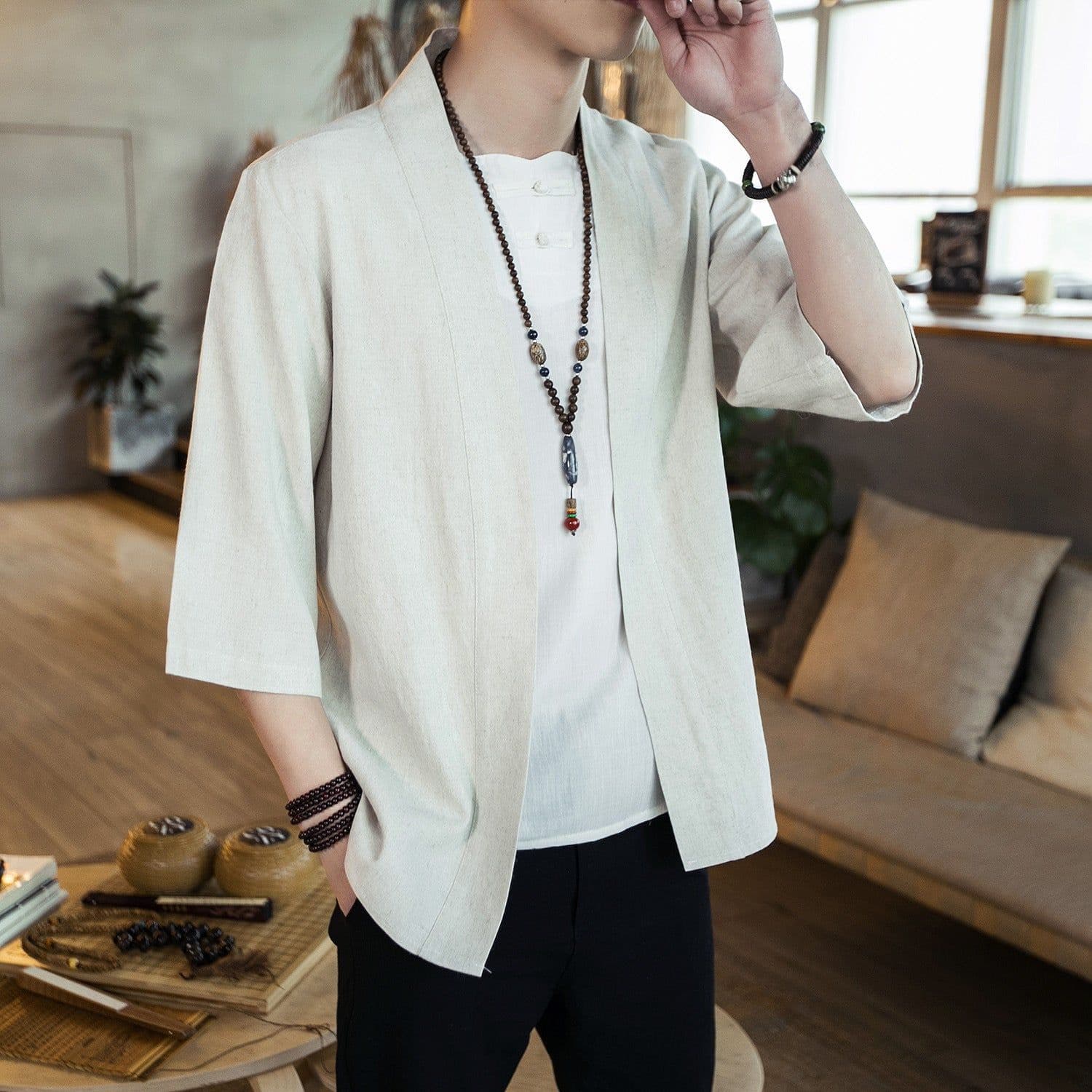 image-Men's Chinese Style Cotton Linen Stand Collar Cardigan Shirt