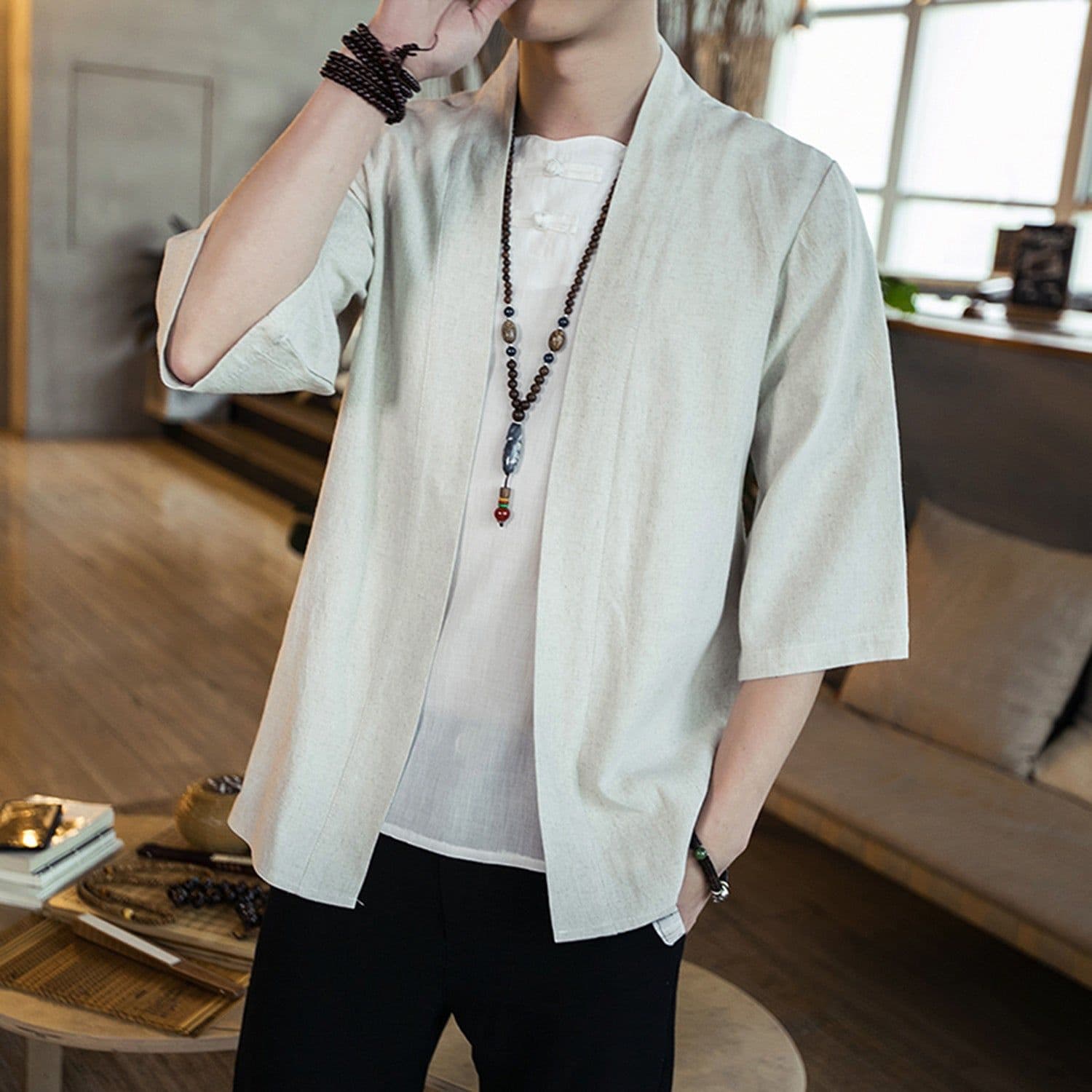 image-Men's Chinese Style Cotton Linen Stand Collar Cardigan Shirt