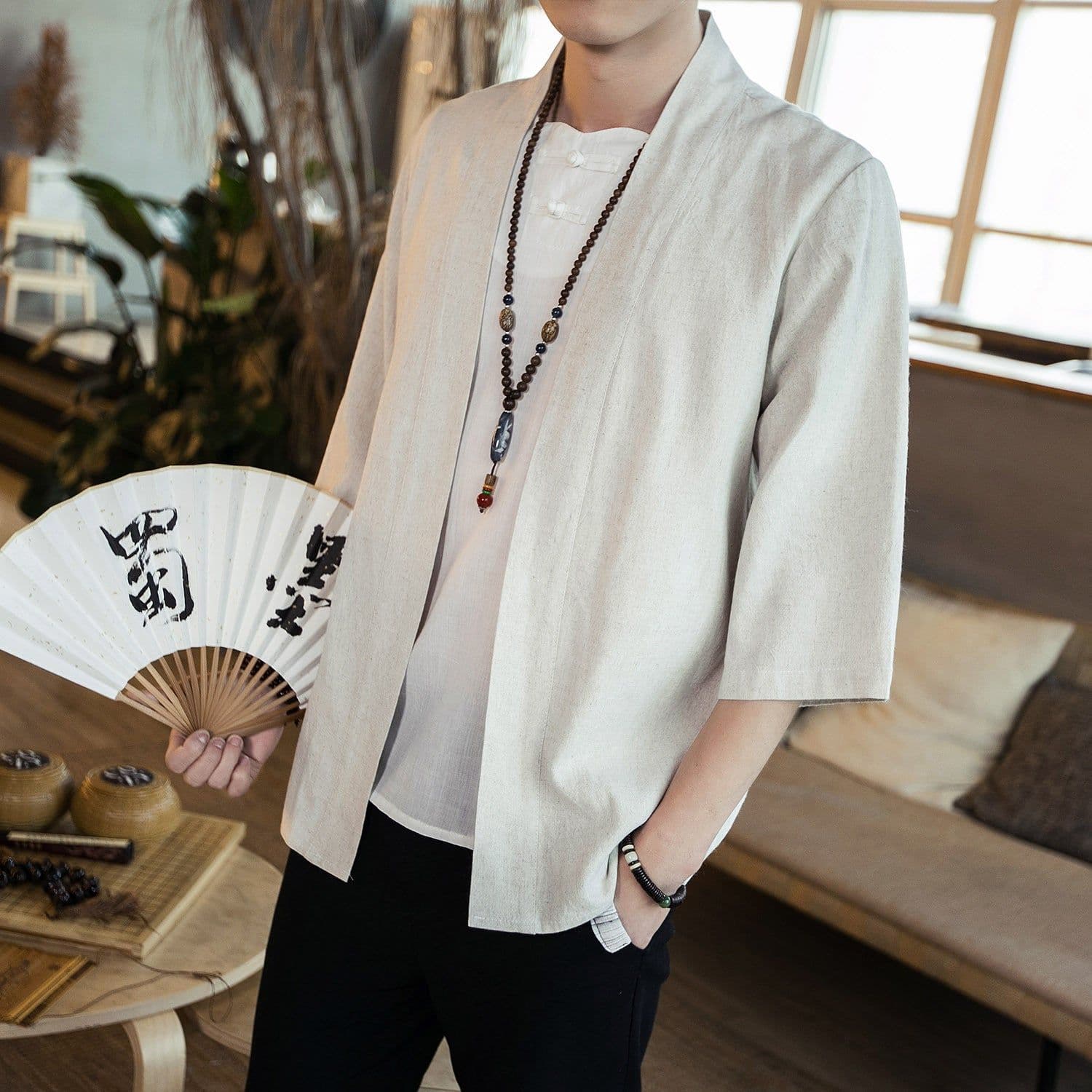 image-Men's Chinese Style Cotton Linen Stand Collar Cardigan Shirt