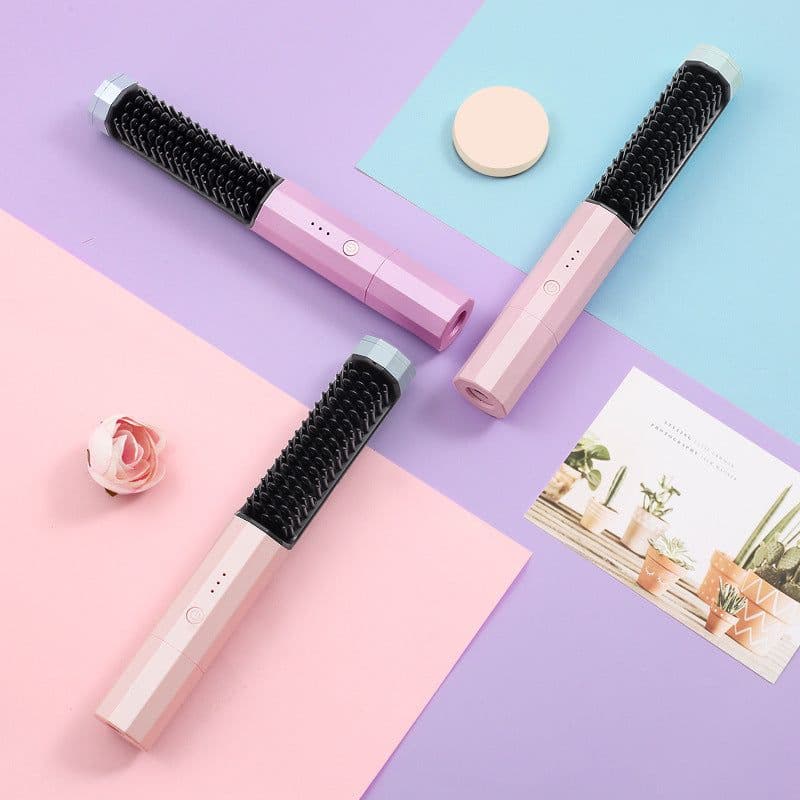image-Wireless USB Rechargeable Hair Straightener Comb 2-in-1 Curl
