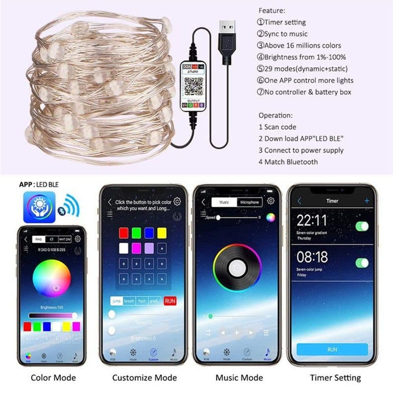 image-Bluetooth RGB LED Copper Wire Light String with Remote Control