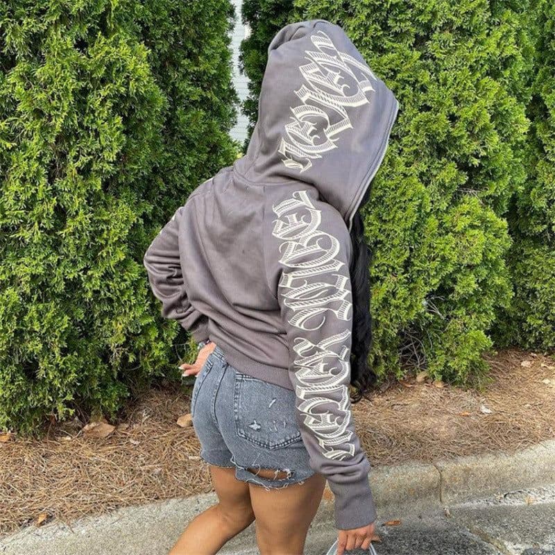 image-Women's Letter Print Hooded Sweater Cardigan Long Sleeve