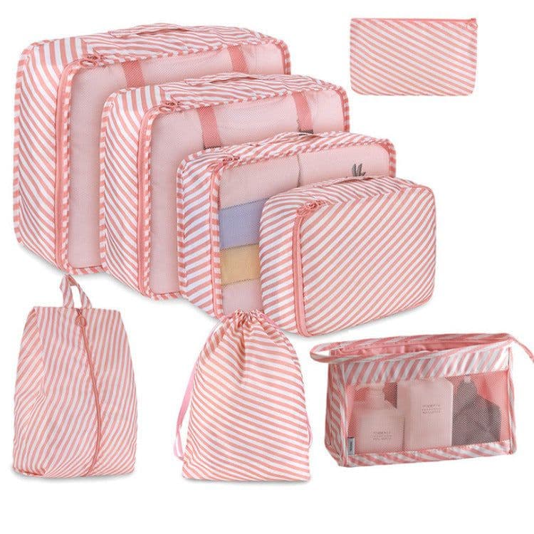 image-Travel Storage Bag Set 8-Piece Korean Style Pink Stripes