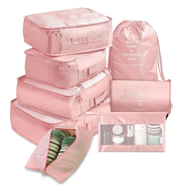 image-Travel Storage Bag Set 8-Piece Korean Style Pink Stripes