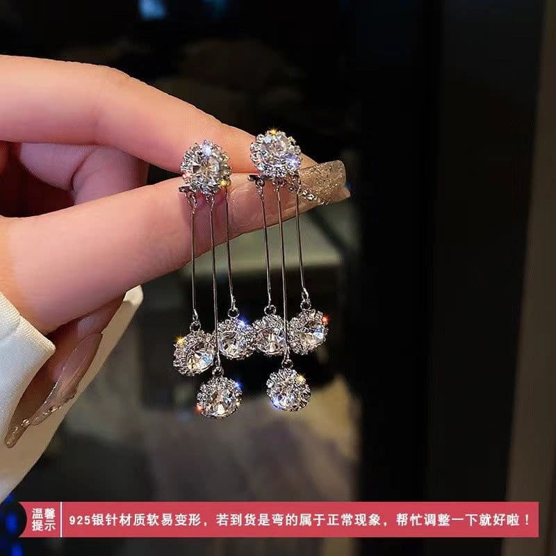image-Sterling Silver Needle Tassel Drop Earrings with Rhinestones