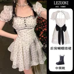 image-Bow Knot Dress Square Neck Puff Sleeve A-Line Cake Skirt