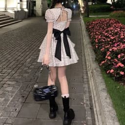image-Bow Knot Dress Square Neck Puff Sleeve A-Line Cake Skirt