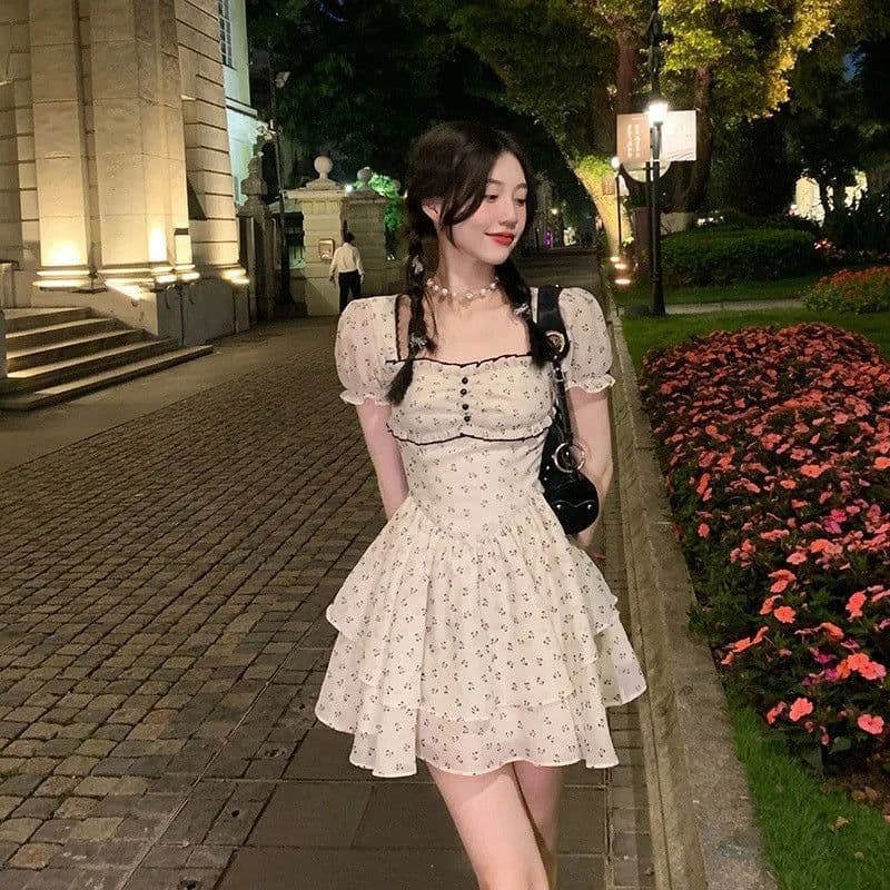 image-Bow Knot Dress Square Neck Puff Sleeve A-Line Cake Skirt