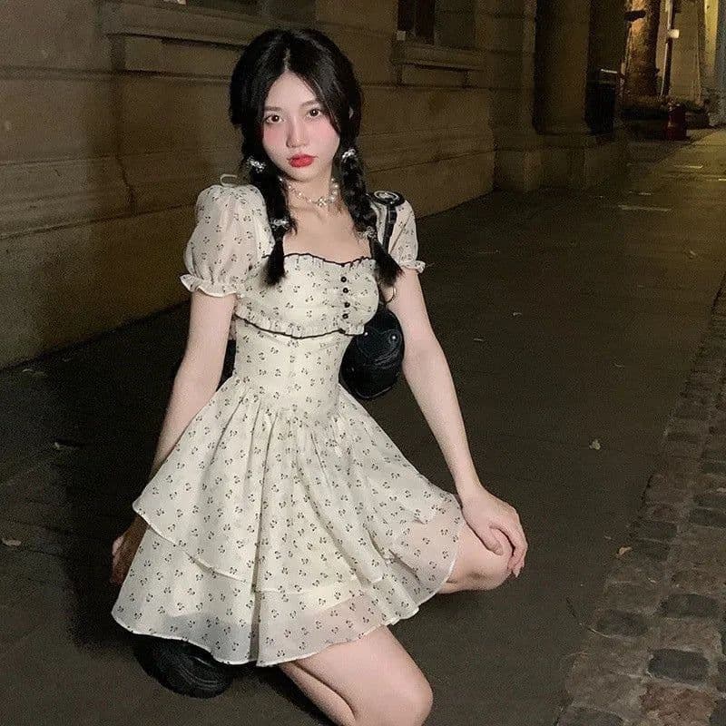 image-Bow Knot Dress Square Neck Puff Sleeve A-Line Cake Skirt