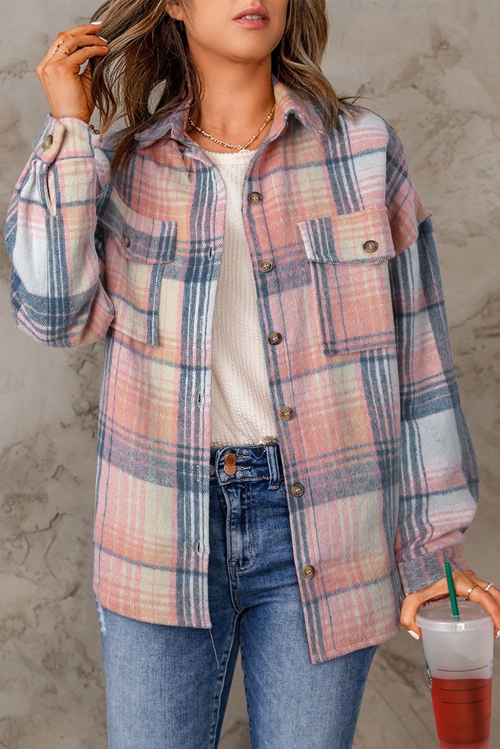 image-Shacket with Pink/Black Plaid Flap Pockets - Chic Style, Loose Fit (65 characters)
