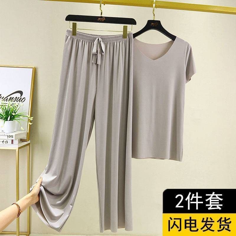 image-Women's Ice Silk Short Sleeve Pajama Set Summer Wide-Leg Pants