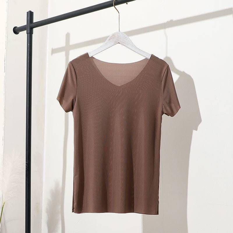 image-Women's Ice Silk Short Sleeve Pajama Set Summer Wide-Leg Pants