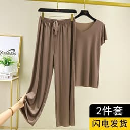 image-Women's Ice Silk Short Sleeve Pajama Set Summer Wide-Leg Pants
