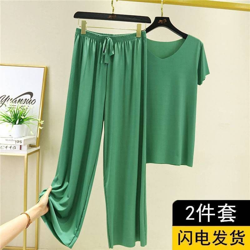 image-Women's Ice Silk Short Sleeve Pajama Set Summer Wide-Leg Pants