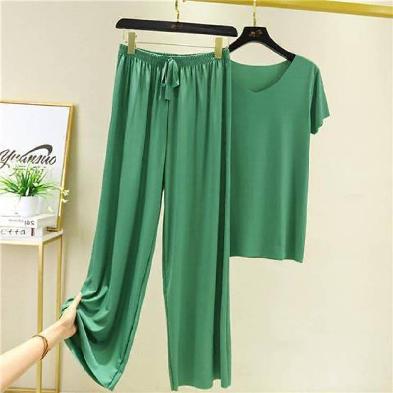 image-Women's Ice Silk Short Sleeve Pajama Set Summer Wide-Leg Pants