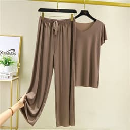 image-Women's Ice Silk Short Sleeve Pajama Set Summer Wide-Leg Pants