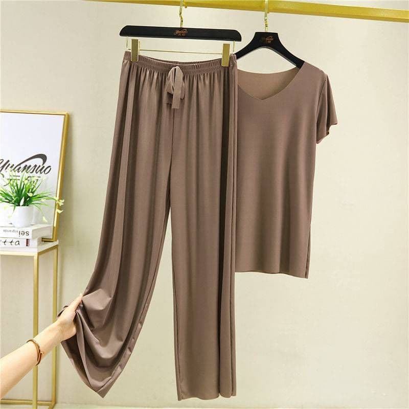 image-Women's Ice Silk Short Sleeve Pajama Set Summer Wide-Leg Pants