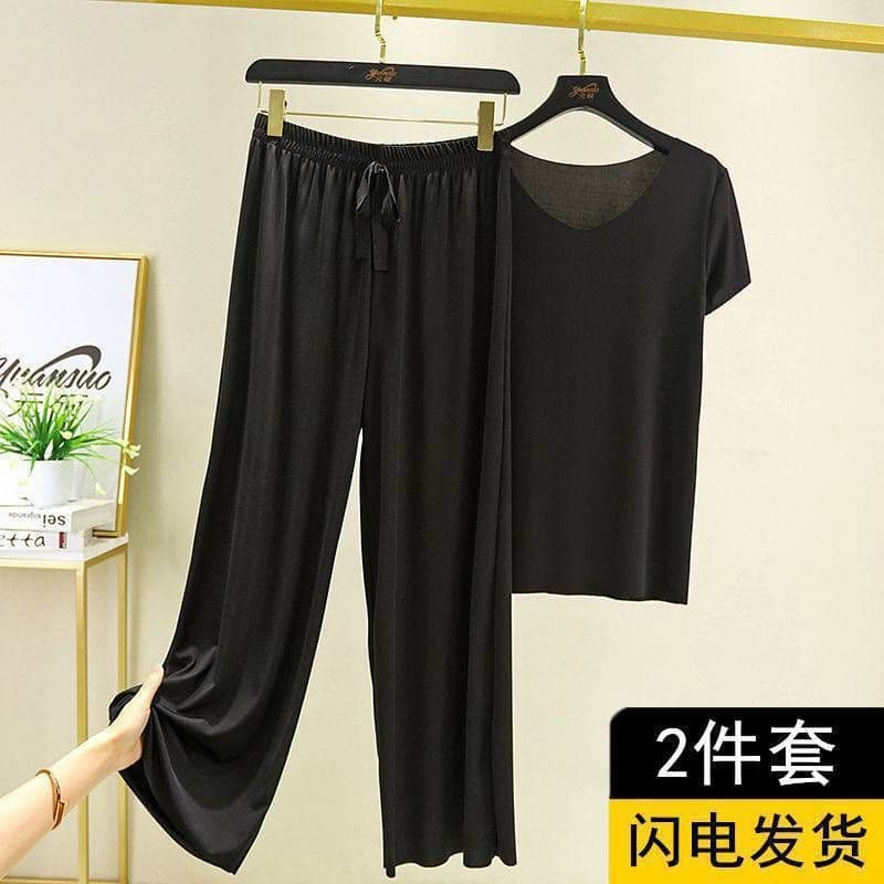 image-Women's Ice Silk Short Sleeve Pajama Set Summer Wide-Leg Pants