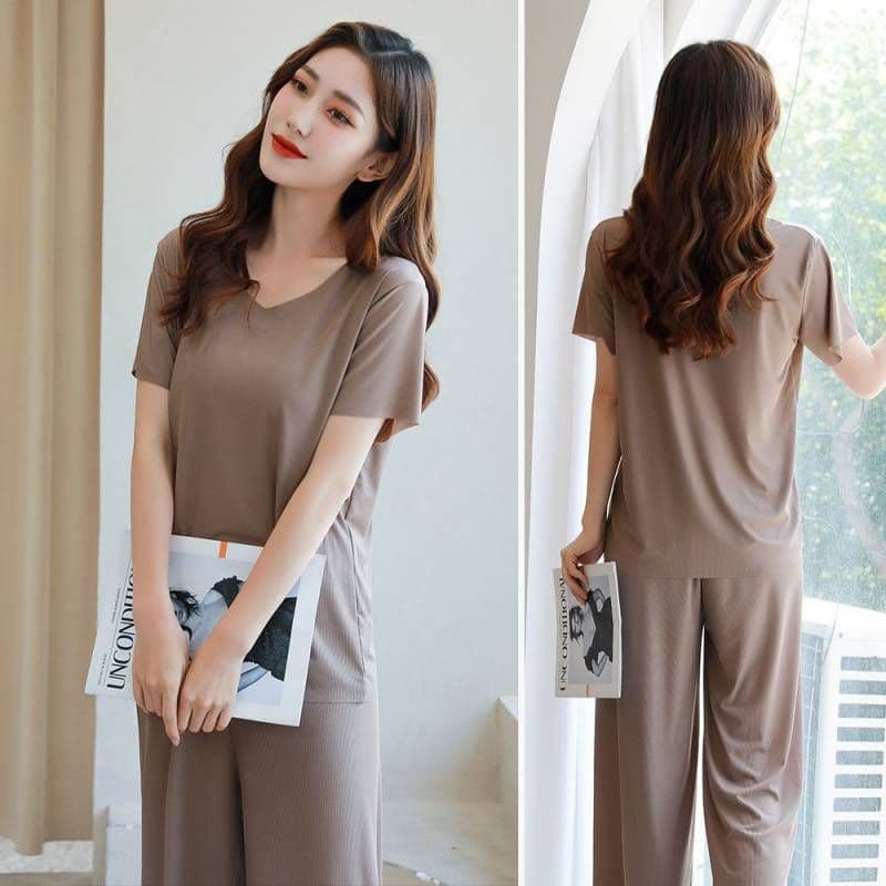 image-Women's Ice Silk Short Sleeve Pajama Set Summer Wide-Leg Pants