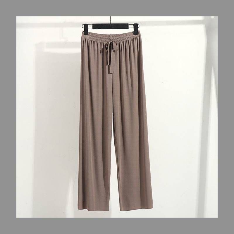 image-Women's Ice Silk Short Sleeve Pajama Set Summer Wide-Leg Pants
