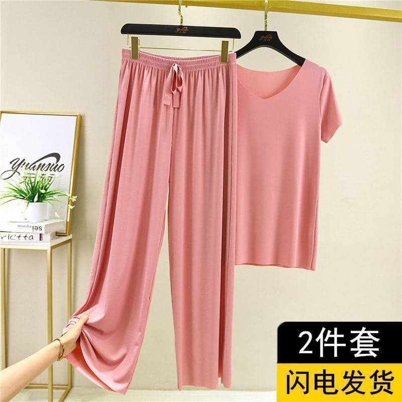 image-Women's Ice Silk Short Sleeve Pajama Set Summer Wide-Leg Pants