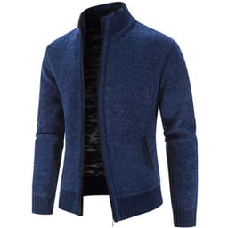 image-Men's Knitted Cardigan Sweater Fleece Stand Collar Navy Blue 3XL