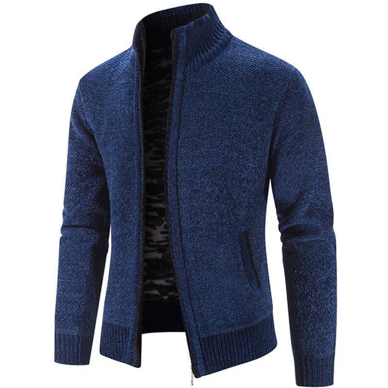 image-Men's Knitted Cardigan Sweater Fleece Stand Collar Navy Blue 3XL