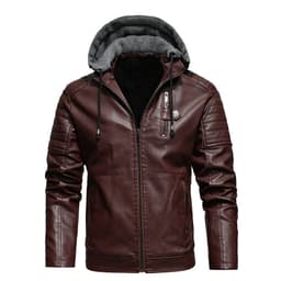 image-Men's Black PU Leather Jacket Stand Collar Hooded Fleece Lined