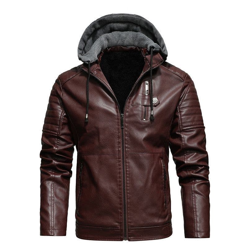 image-Men's Black PU Leather Jacket Stand Collar Hooded Fleece Lined