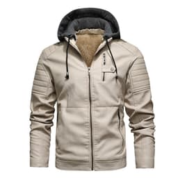 image-Men's Black PU Leather Jacket Stand Collar Hooded Fleece Lined