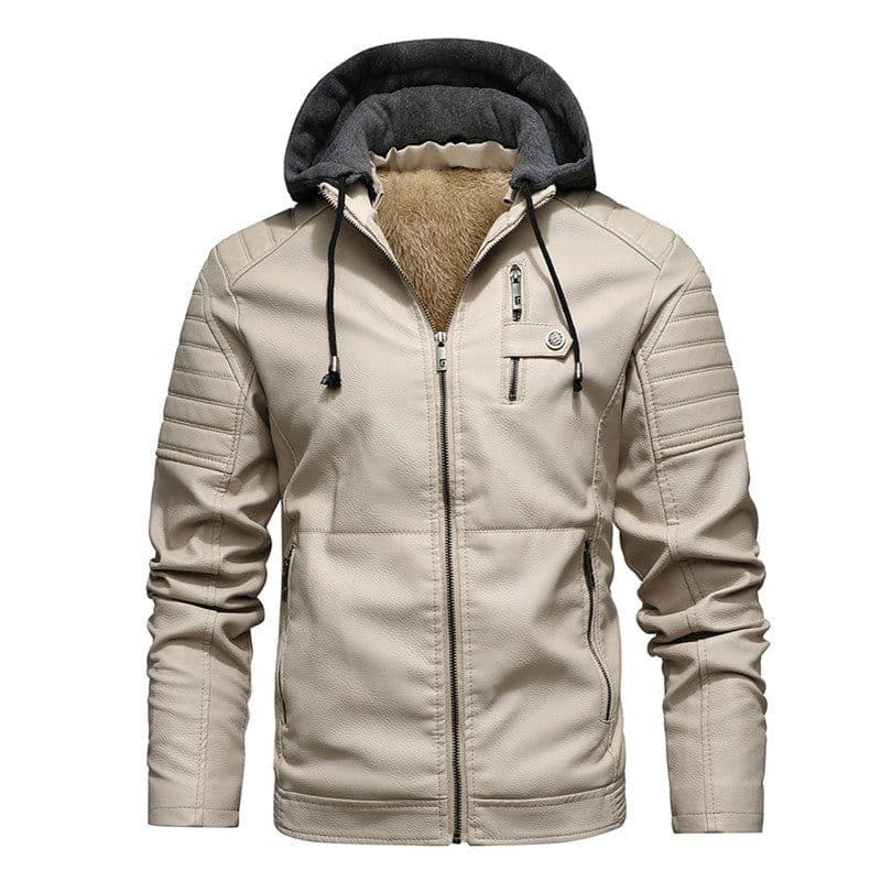 image-Men's Black PU Leather Jacket Stand Collar Hooded Fleece Lined