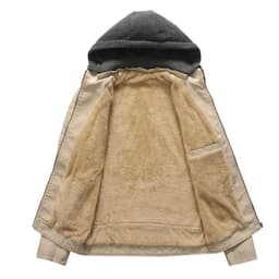 image-Men's Black PU Leather Jacket Stand Collar Hooded Fleece Lined