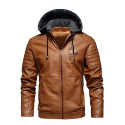 image-Men's Black PU Leather Jacket Stand Collar Hooded Fleece Lined