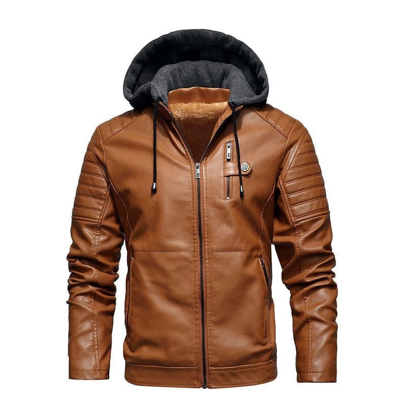 image-Men's Black PU Leather Jacket Stand Collar Hooded Fleece Lined