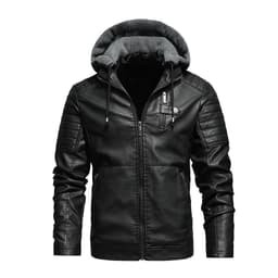 image-Men's Black PU Leather Jacket Stand Collar Hooded Fleece Lined