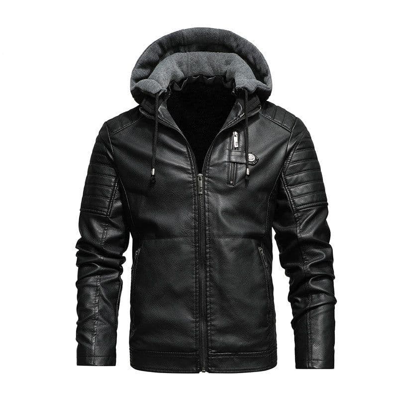 image-Men's Black PU Leather Jacket Stand Collar Hooded Fleece Lined