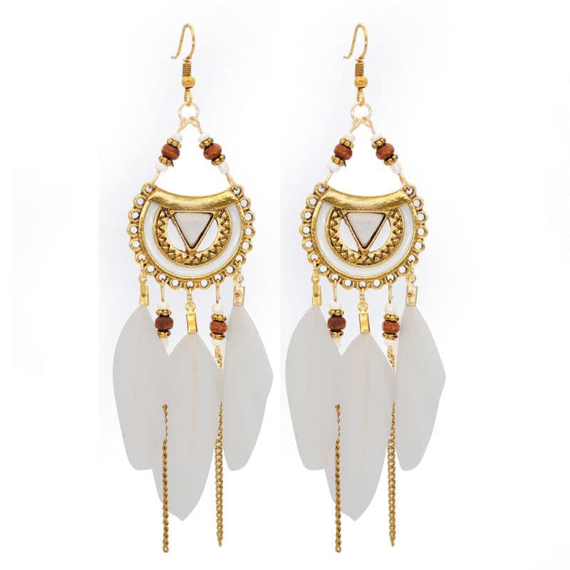 image-Bohemian Retro Feather Tassel Earrings - White Alloy Jewelry 2021