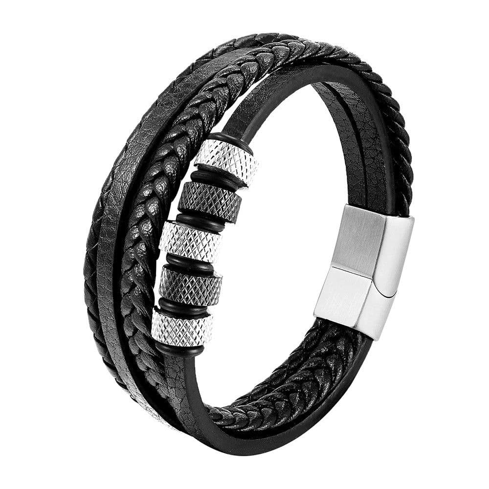 image-Black Leather Rope Stainless Steel Braided Bracelet L20240