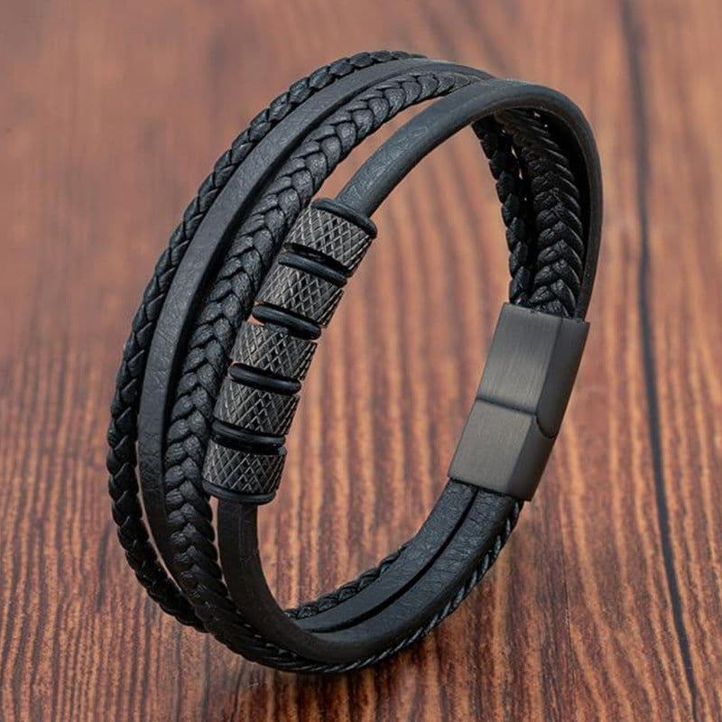 image-Black Leather Rope Stainless Steel Braided Bracelet L20240