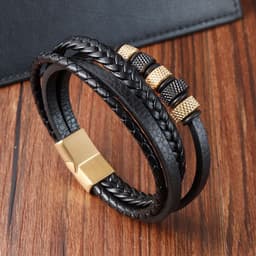 image-Black Leather Rope Stainless Steel Braided Bracelet L20240