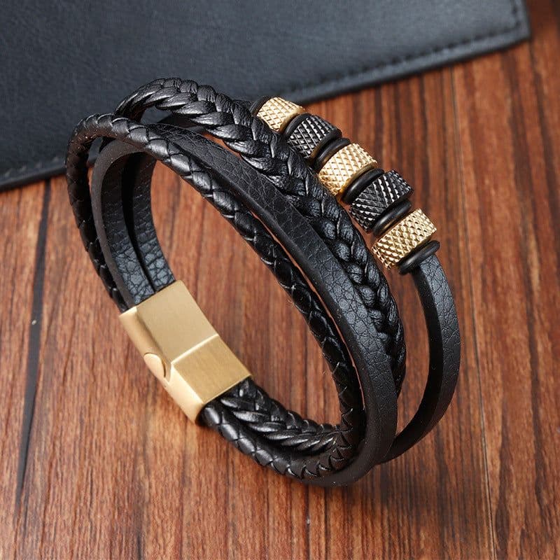 image-Black Leather Rope Stainless Steel Braided Bracelet L20240