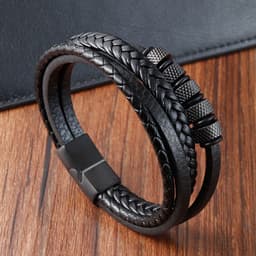 image-Black Leather Rope Stainless Steel Braided Bracelet L20240