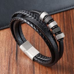 image-Black Leather Rope Stainless Steel Braided Bracelet L20240