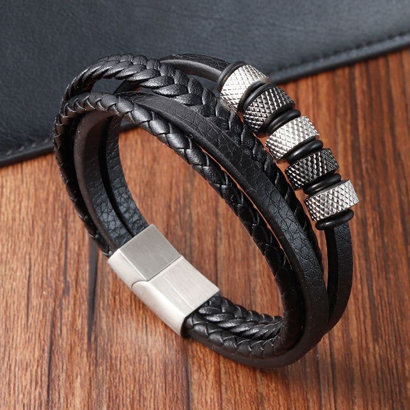 image-Black Leather Rope Stainless Steel Braided Bracelet L20240