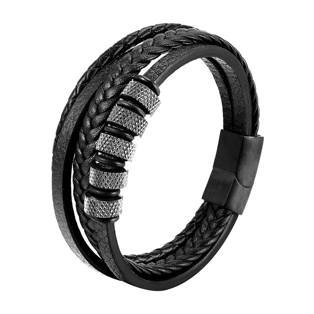 image-Black Leather Rope Stainless Steel Braided Bracelet L20240