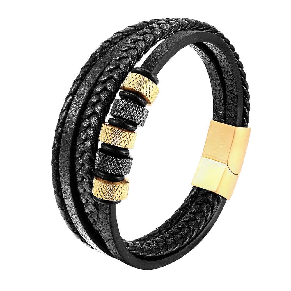 image-Black Leather Rope Stainless Steel Braided Bracelet L20240