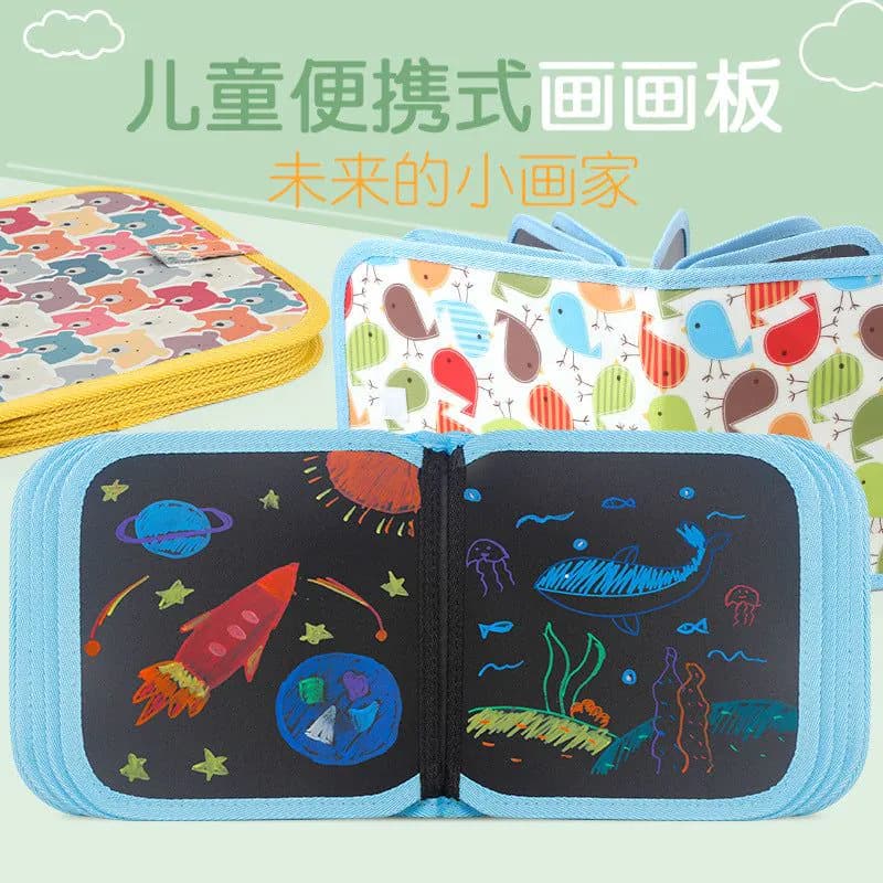 image-Children's Reusable Erasable Drawing Book with Chalk & Markers