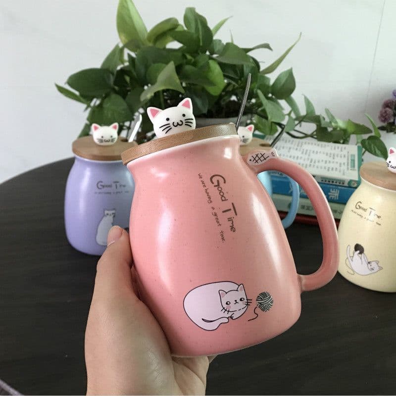 image-Ceramic Cat Mug with Lid and Spoon 450ml