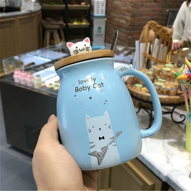 image-Ceramic Cat Mug with Lid and Spoon 450ml